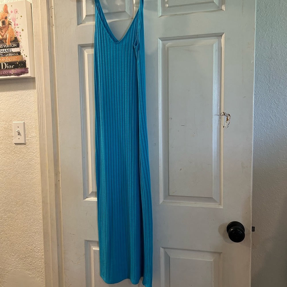 Zara Teal Ribbed V‑Neck Maxi Dress